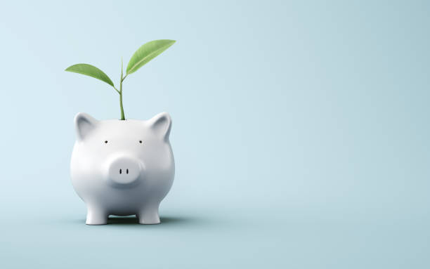 3D rendering of a green plant growing out of a white porcelain pot on a light blue infinite background, concept of ecological investment and financial growth (close-up).