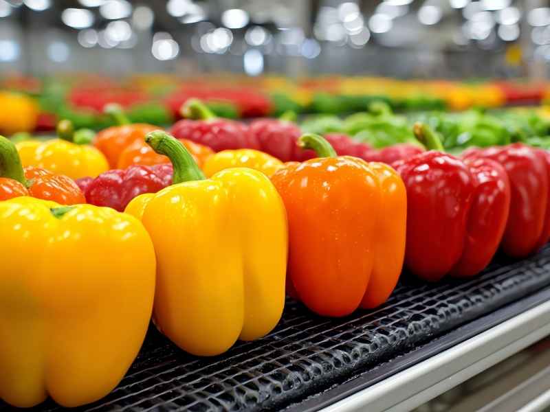 Rows of colorful bell peppers on a processing line, highlighting the value-added role of regional food industries in post-harvest operations.
