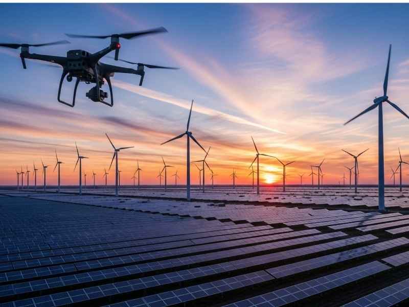 Drone flying over wind turbines and solar panels showcasing how renewable energy investment helps in building investor confidence in the region.