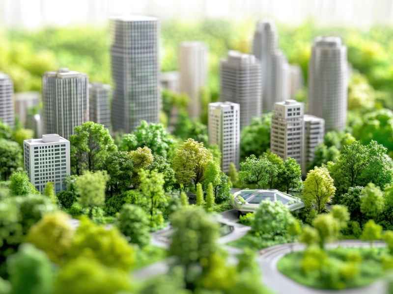 Miniature city skyline surrounded by trees illustrating green city planning and sustainable urban development.