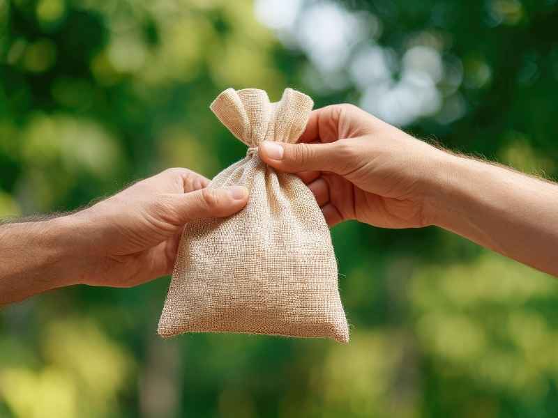 Hands exchanging a small bag symbolizing trust, responsibility, and value-driven entrepreneurship