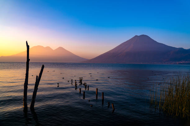 Lake Atitlan in Guatemala at sunrise.