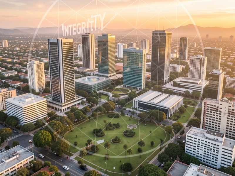 An aerial panoramic view of Guatemala City's financial district at sunrise, featuring modern skyscrapers and green urban spaces. Overlaid with a subtle, transparent geometric pattern symbolizing "Integrity" and "Vision." High-end corporate photography, warm morning light, representing regional economic stability and ethical leadership.