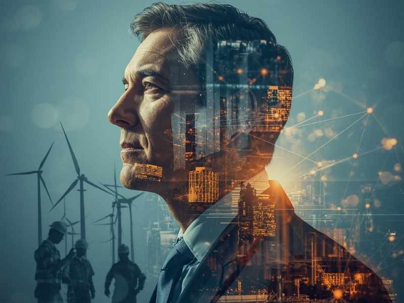 Corporate purpose and community responsibility shown through a layered leadership image Double-exposure composition combining a corporate leader profile with workers, renewable energy elements, logistics networks and community scenes