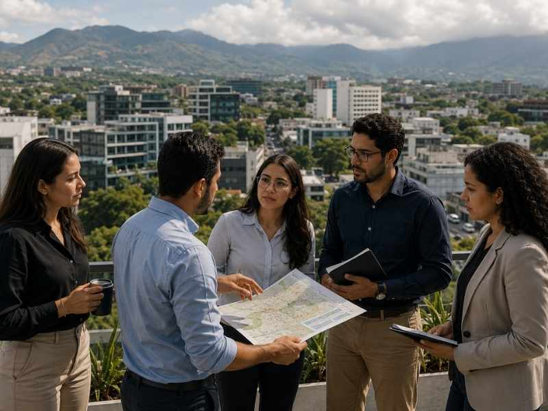 Young professionals discussing regional development in Central America.