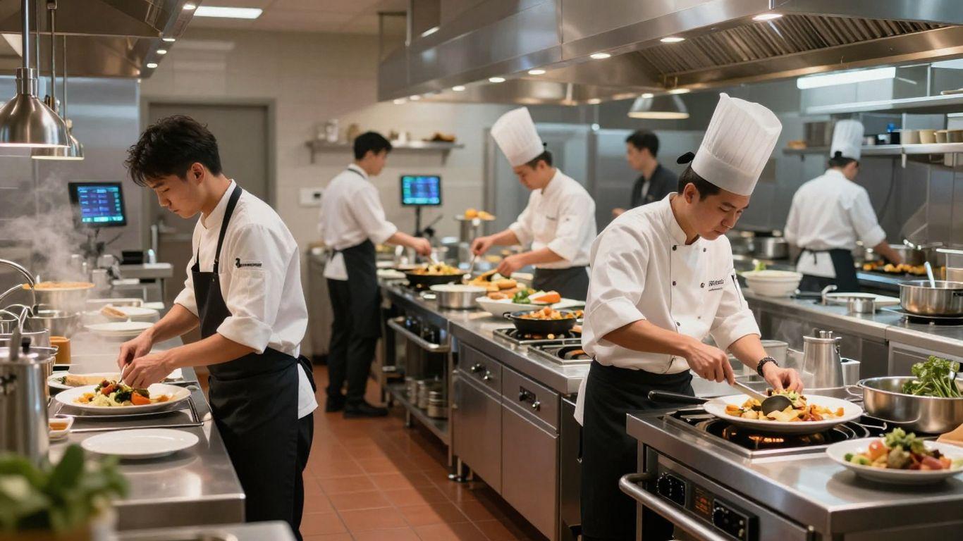Professional chefs preparing meals in a commercial kitchen, demonstrating standardized food preparation and teamwork in restaurant operations.