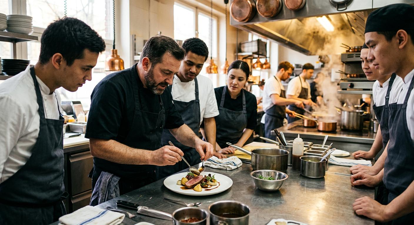 Experienced chef instructing kitchen staff during food preparation, illustrating employee training and operational standards in restaurant chains.