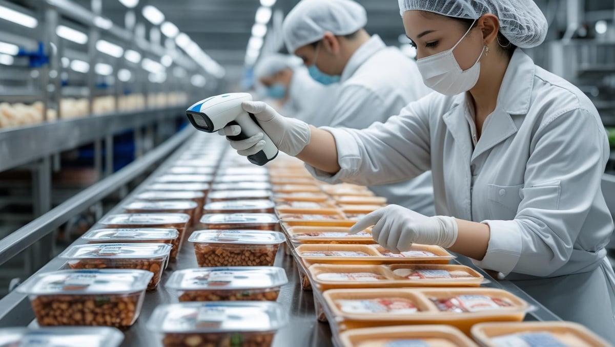 Food industry worker scanning a product barcode during a quality control inspection to support food traceability.