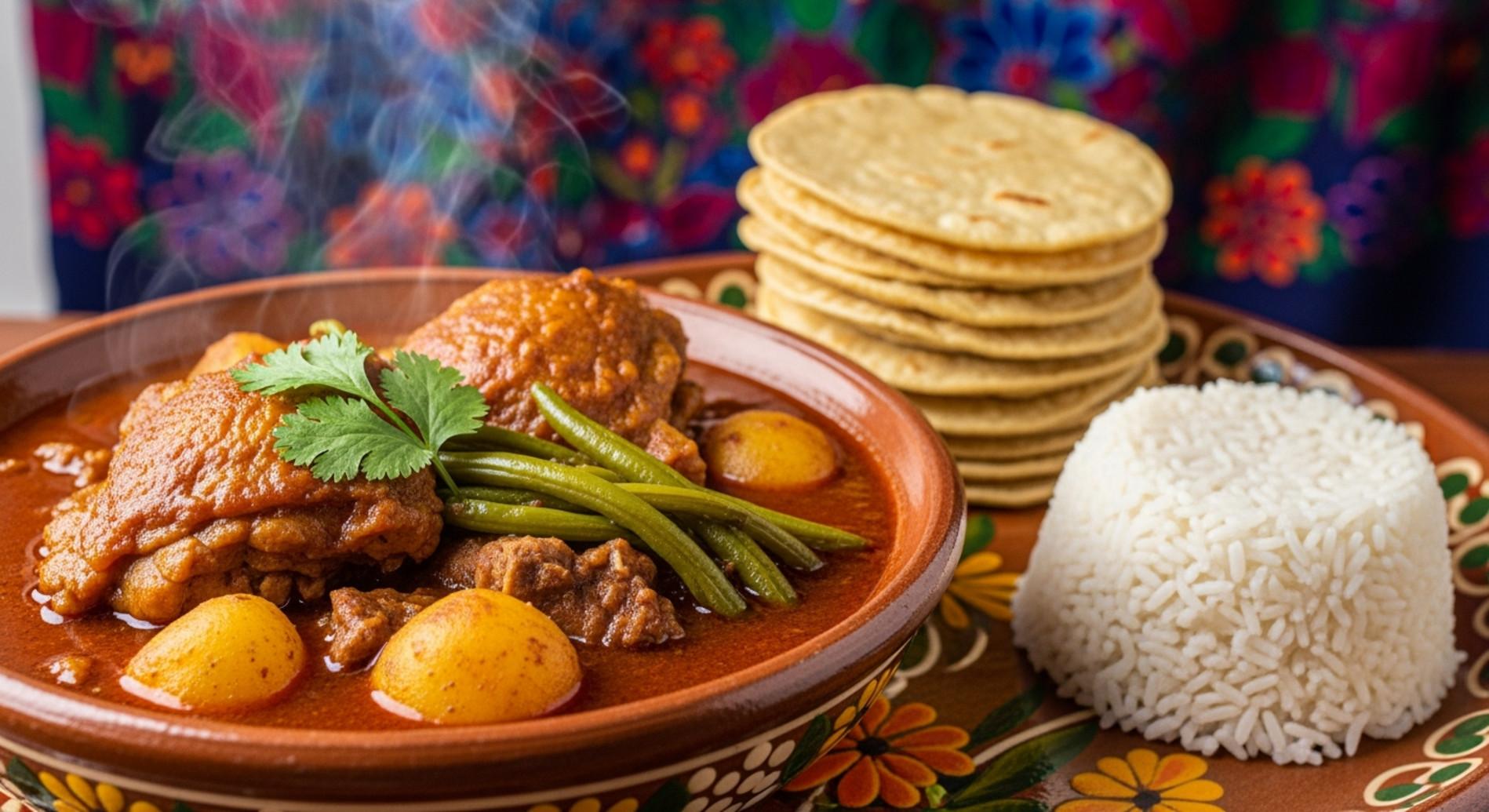 Traditional Guatemalan meal featuring chicken in a rich sauce, served with rice and tortillas on a rustic dining table.