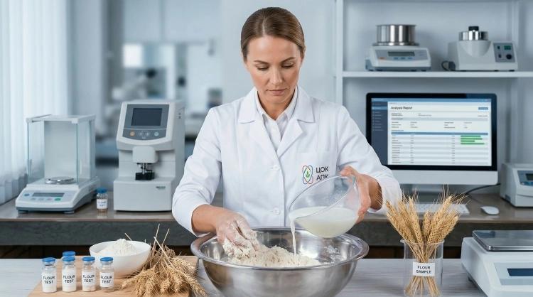 Laboratory technician examining a flour sample during quality testing to evaluate the characteristics of flour used in food manufacturing.