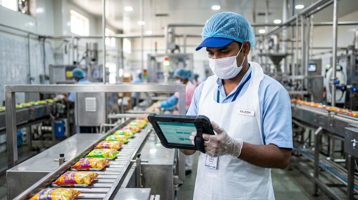 Food manufacturing technician reviewing digital production records on a tablet to monitor batch identification and product quality.
