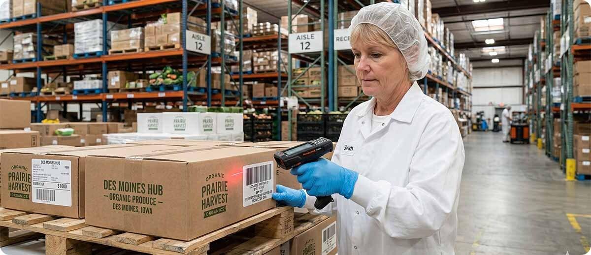 Warehouse worker scanning barcodes on packaged food boxes to track inventory and shipments throughout the food supply chain.